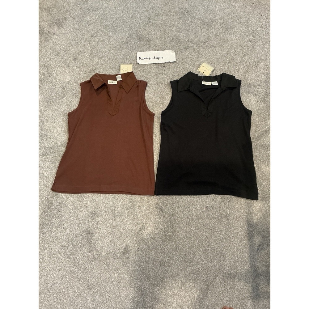 White Stag Brown and Black polo With V-neckline and collar women SZ Small‎ NWT